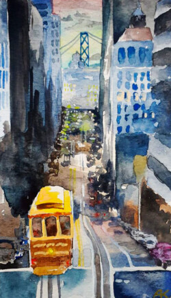 aquarelle_art_painting_sketche_tramway_city_usa_bynight_sanfrancisco_aquapainting_cars_voiture_buildings_urbansktching_street_sunset_coucherdesoleil_bridge_pont